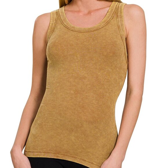 H43 WASHED RIBBEED SCOOP NECK CAMEL TANK - Picture 1 of 1